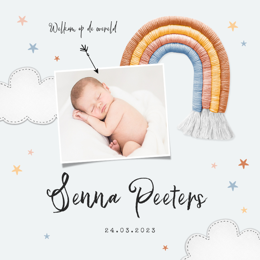 Geboortekaartje unisex regenboog stof sterren wolken foto - Geboortekaartjes Geboortekaartjes - Geboortekaartje unisex regenboog stof sterren wolken foto