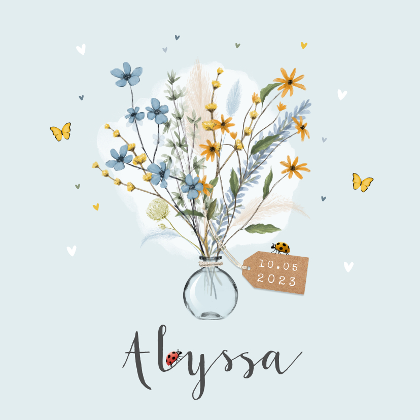 Geboortekaartje vlinder bloemen lief hartjes label - Geboortekaartjes Geboortekaartjes - Geboortekaartje vlinder bloemen lief hartjes label