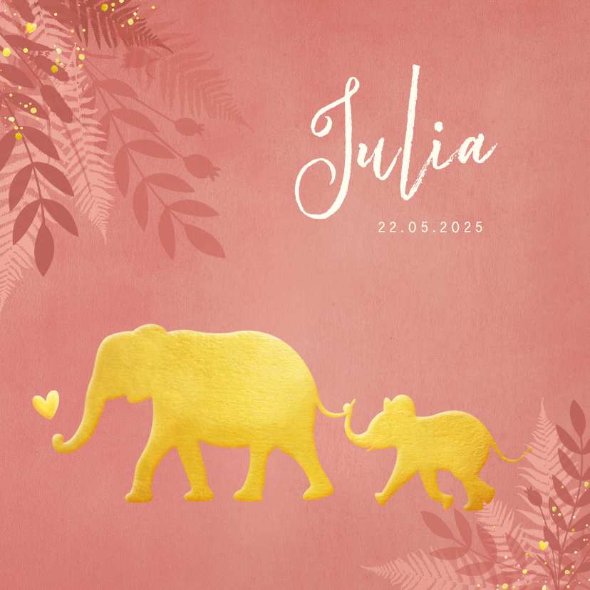 Geboortekaartjes - Geboortekaartje voor een meisje Jungle met gouden olifant 