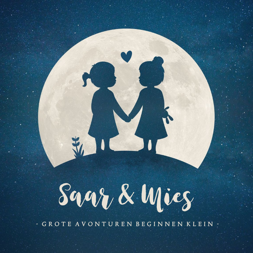 Geboortekaartjes - Geboortekaartje voor een meisjes tweeling silhouette in maan