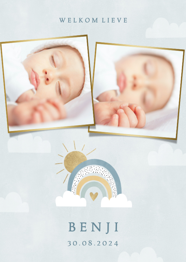 Geboortekaartjes - Geboortekaartje voor jongetje met foto's regenboog & wolkjes