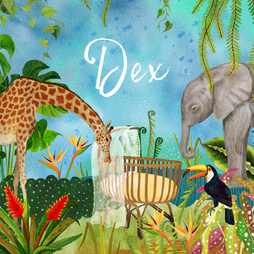 Geboortekaartje wiegje in de jungle tussen de dieren - Geboortekaartjes Geboortekaartjes - Geboortekaartje wiegje in de jungle tussen de dieren