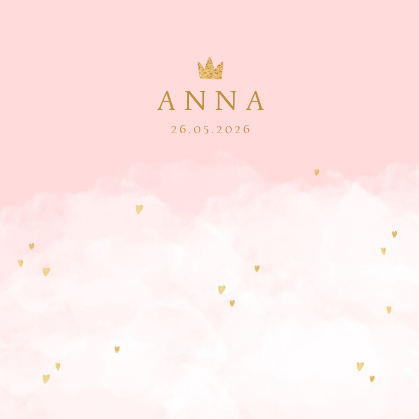 Geboortekaartjes - Geboortekaartje wolken hartjes kroontje meisje