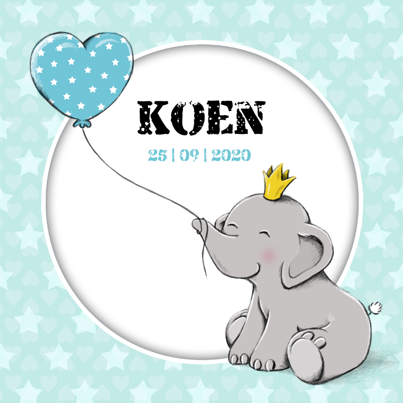 Geboortekaartje zoon met olifantje en kroon - Geboortekaartjes Geboortekaartjes - Geboortekaartje zoon met olifantje en kroon