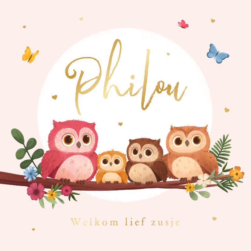 Geboortekaartjes - Geboortekaartje zusje uiltjes lief schattig boom bloemen