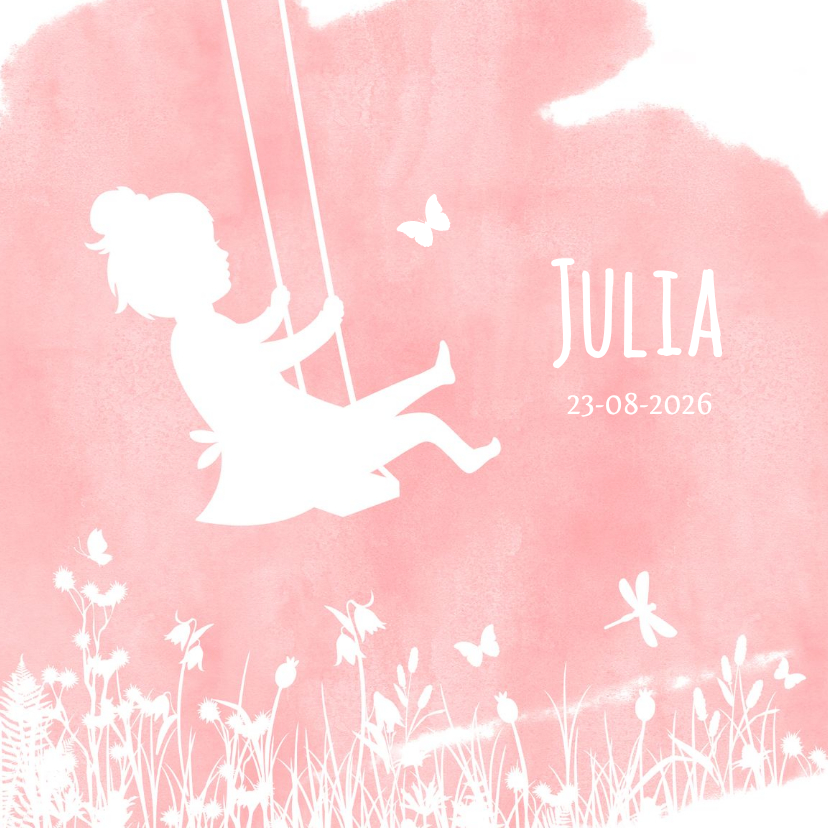 Geboortekaartjes silhouet meisje op schommel met vlinders - Geboortekaartjes Geboortekaartjes - Geboortekaartjes silhouet meisje op schommel met vlinders