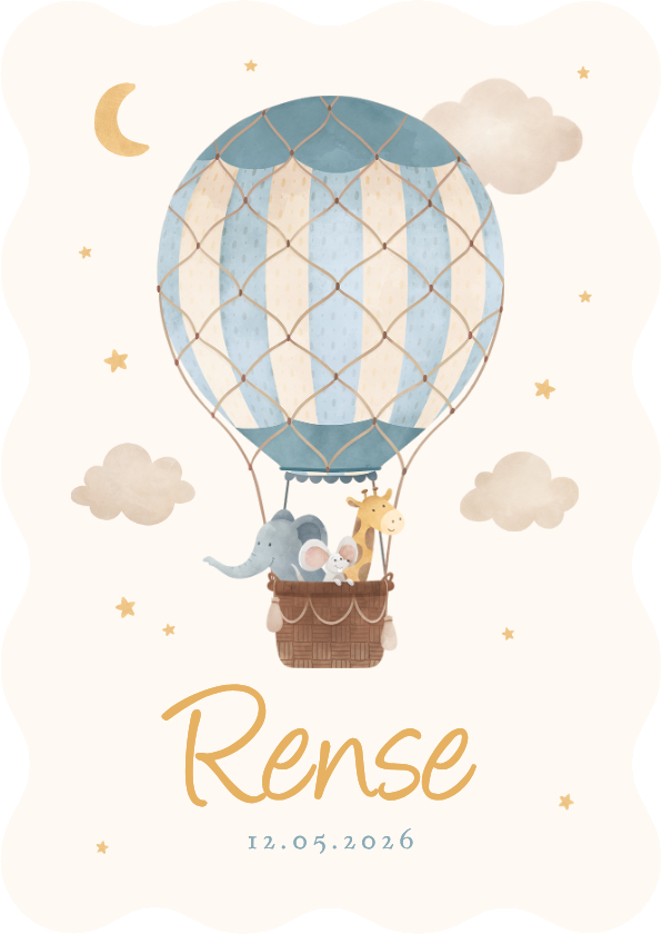 Geboortekaartjes - Golvend geboortekaartje blauwe luchtballon dieren sterren