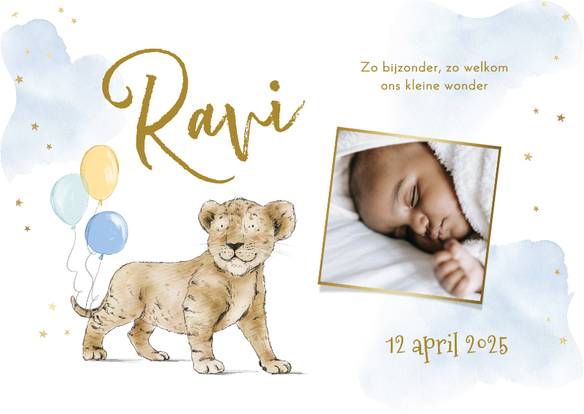 Golvend geboortekaartje met leeuw waterverf - Geboortekaartjes Geboortekaartjes - Golvend geboortekaartje met leeuw waterverf