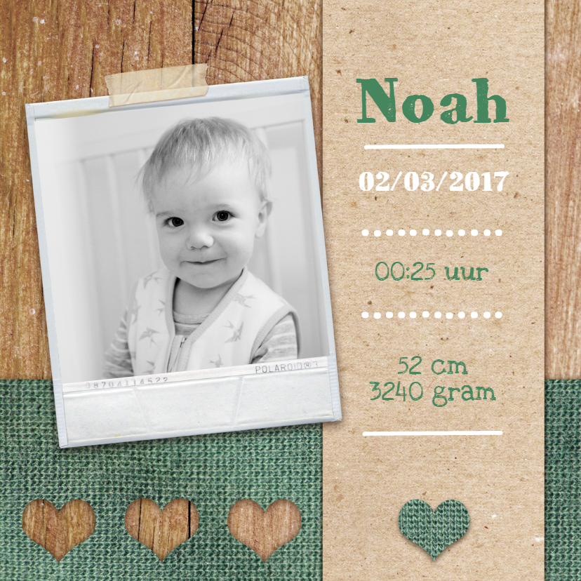 Groene hartjes en hout - Geboortekaartjes Geboortekaartjes - Groene hartjes en hout