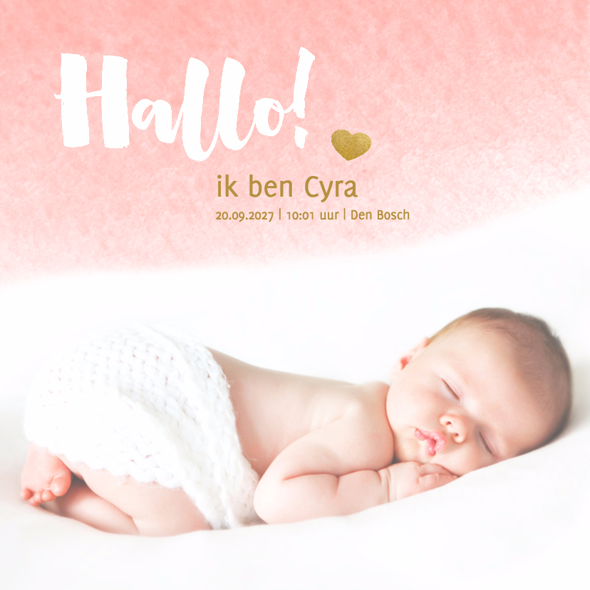 Hallo kaart waterverf roze - DH - Geboortekaartjes Geboortekaartjes - Hallo kaart waterverf roze - DH