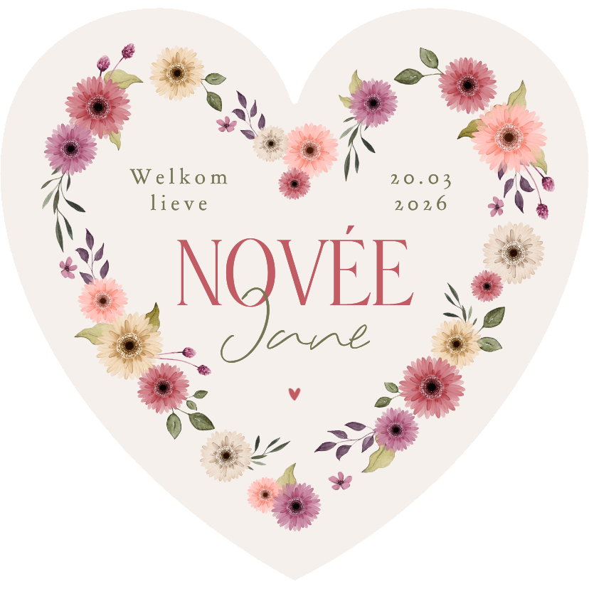 Geboortekaartjes - Hartvorm geboortekaartje bloemen meisje vintage stijlvol