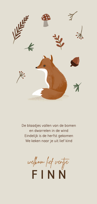 Geboortekaartjes - Herfst geboortekaartje vos blaadjes paddenstoel