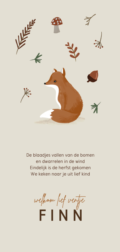 Geboortekaartjes - Herfst geboortekaartje vos blaadjes paddenstoel