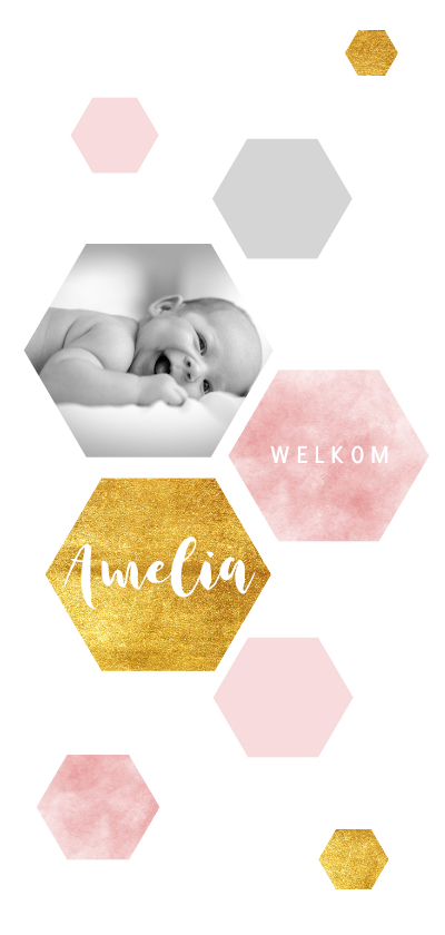 Hip geboortekaartje met waterverf en goudlook zeshoeken - Geboortekaartjes Geboortekaartjes - Hip geboortekaartje met waterverf en goudlook zeshoeken