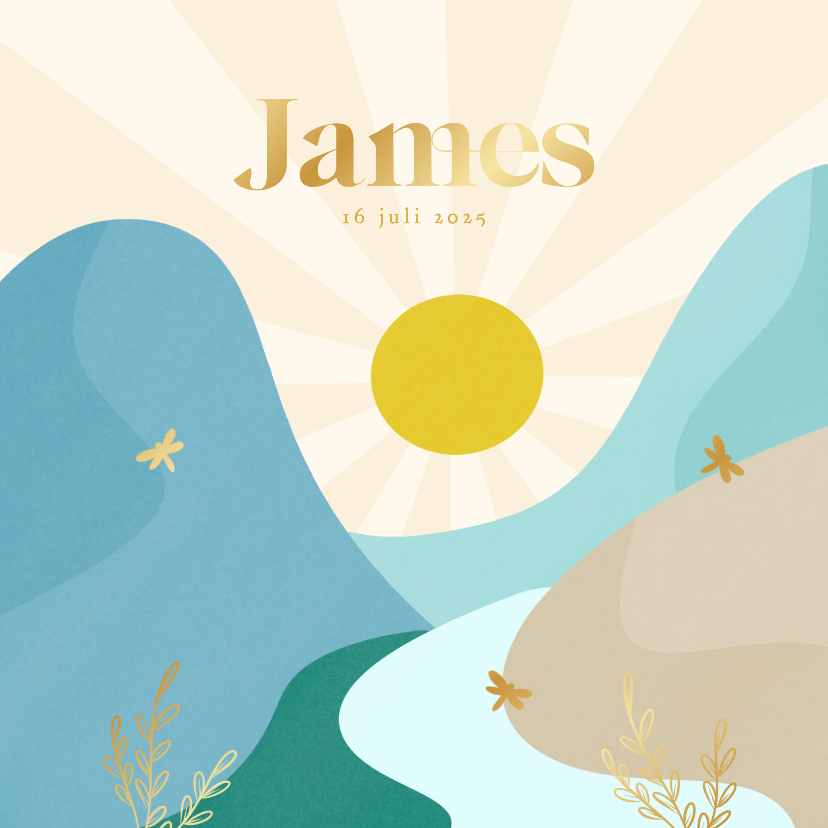 Hip geboortekaartjes jongen met landschap en gouden libelle - Geboortekaartjes Geboortekaartjes - Hip geboortekaartjes jongen met landschap en gouden libelle