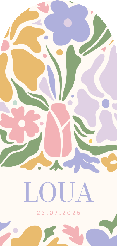 Geboortekaartjes - Hip pastel geboortekaartje bloemen langwerpig met boog