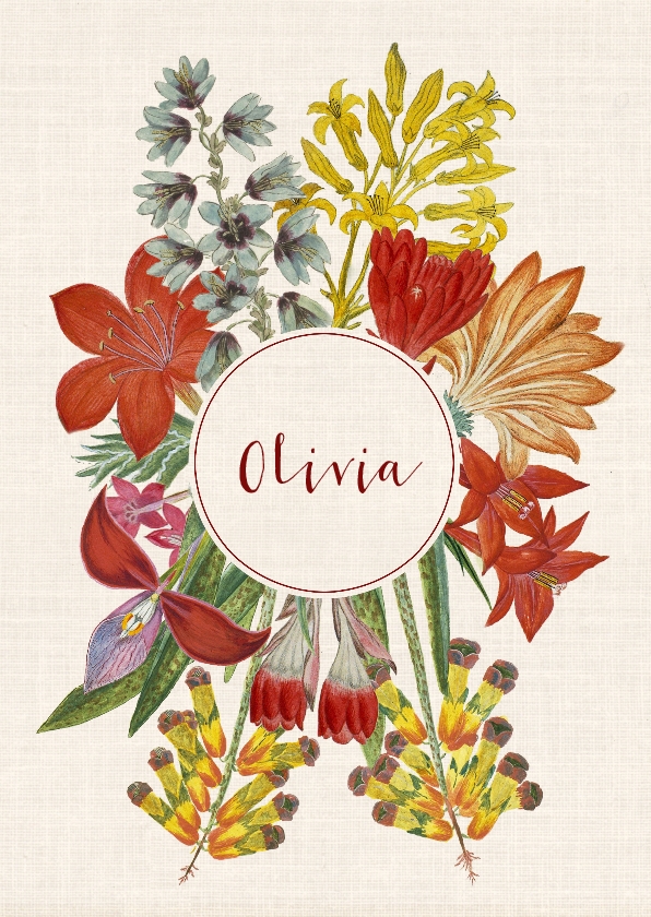 Hippe geboortekaart met krans van vintage bloemen. - Geboortekaartjes Geboortekaartjes - Hippe geboortekaart met krans van vintage bloemen.