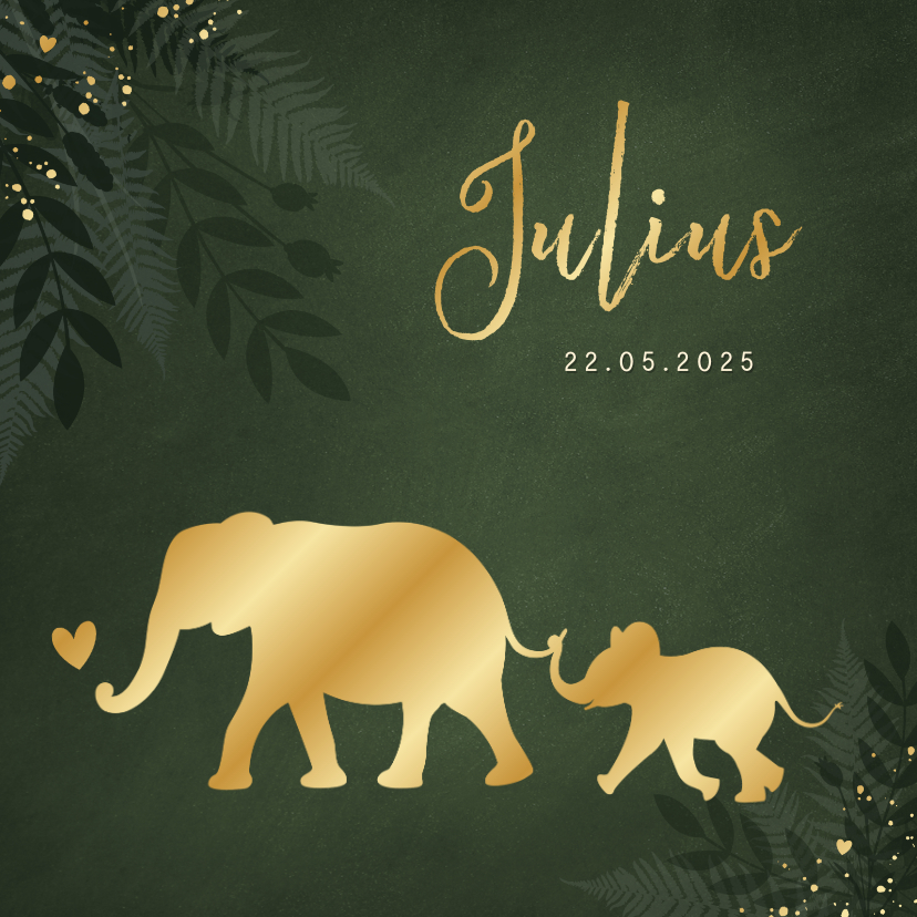 Jungle geboortekaartje jongen met gouden silhouet olifant - Geboortekaartjes Geboortekaartjes - Jungle geboortekaartje jongen met gouden silhouet olifant