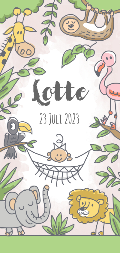 Jungle geboortekaartje met meisje in hangmat en wilde dieren - Geboortekaartjes Geboortekaartjes - Jungle geboortekaartje met meisje in hangmat en wilde dieren