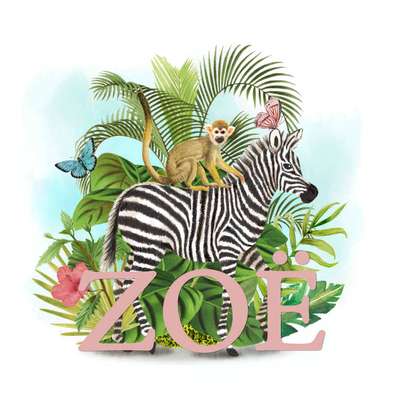 Geboortekaartjes - Jungle geboortekaartje met zebra en aapje en vlinders