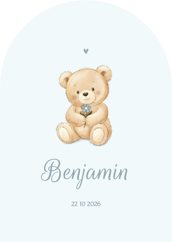 Geboortekaartjes - Klassiek boogvormig geboortekaartje teddybeer met bloemetje