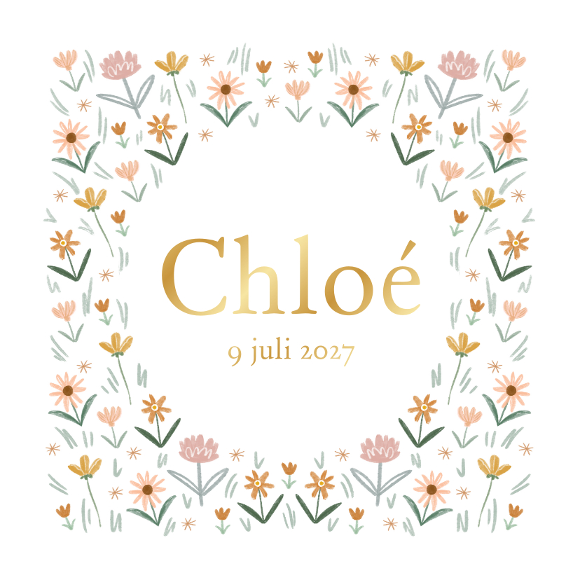 Klassiek geboortekaartje kleine bloementjes goudfolie - Geboortekaartjes Geboortekaartjes - Klassiek geboortekaartje kleine bloementjes goudfolie