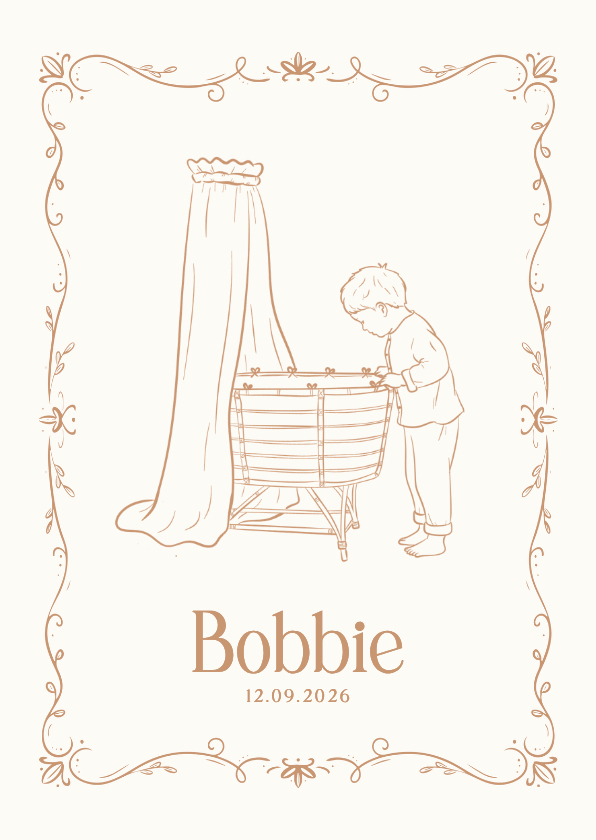 Geboortekaartjes - Klassiek geboortekaartje wieg en grote broer beige