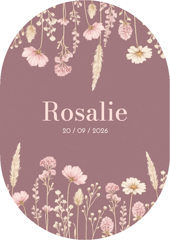 Klassiek ovaal geboortekaartje donker roze met bloemen - Geboortekaartjes Geboortekaartjes - Klassiek ovaal geboortekaartje donker roze met bloemen
