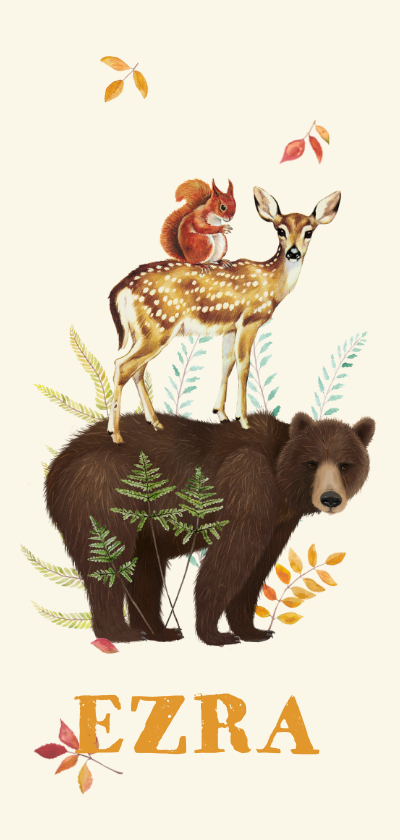 Geboortekaartjes - Langwerpig geboortekaartje beer met hert en eekhoorn