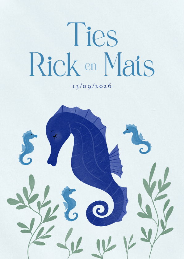 Lief blauw geboortekaartje meerling met zeepaardjes - Geboortekaartjes Geboortekaartjes - Lief blauw geboortekaartje meerling met zeepaardjes