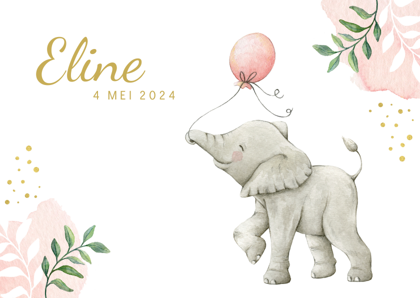 Lief botanisch geboortekaartje met olifantje in aquarel - Geboortekaartjes Geboortekaartjes - Lief botanisch geboortekaartje met olifantje in aquarel