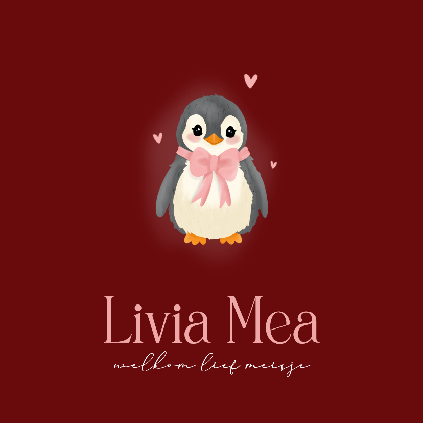 Geboortekaartjes - Lief donker rood geboortekaartje met baby pinguin
