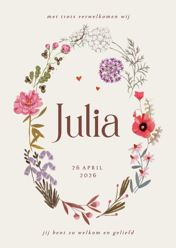 Lief Geboortekaartje bloemen krans ovaal - Geboortekaartjes Geboortekaartjes - Lief Geboortekaartje bloemen krans ovaal