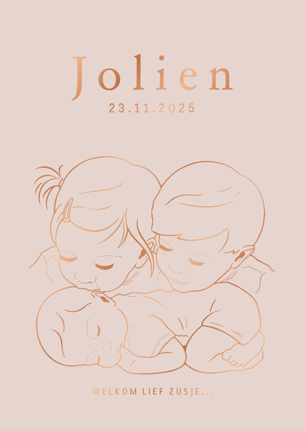 Lief geboortekaartje broer en zus met baby – koperfolie - Geboortekaartjes Geboortekaartjes - Lief geboortekaartje broer en zus met baby – koperfolie