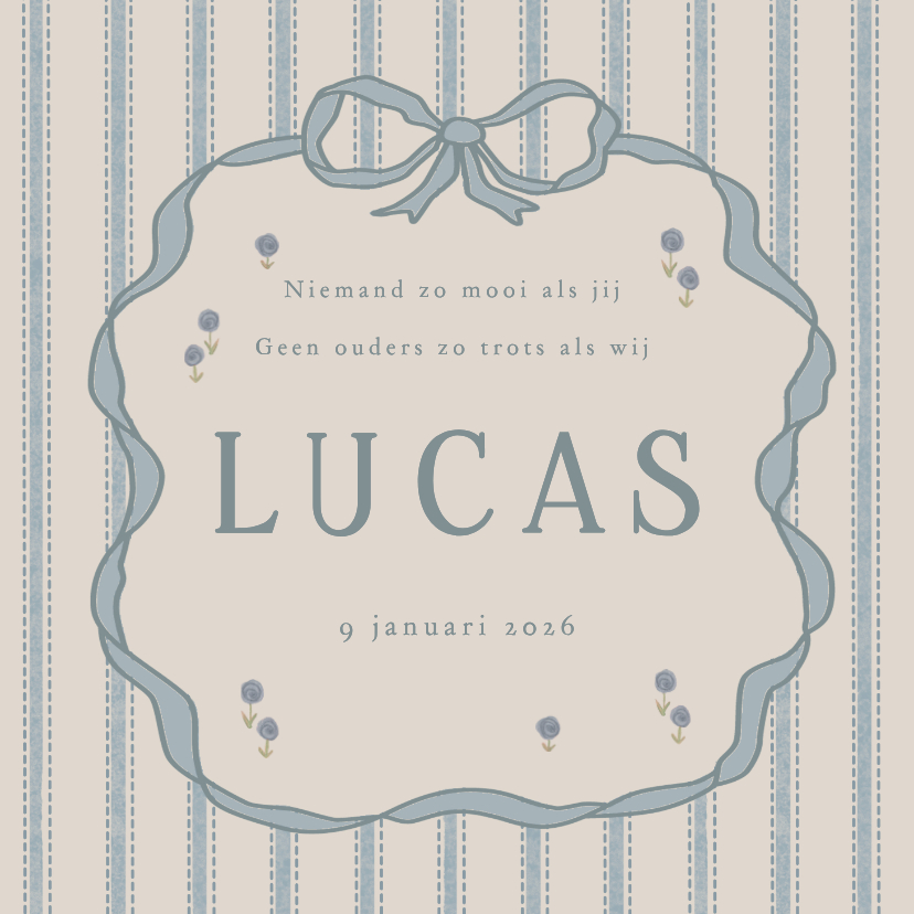 Geboortekaartjes - Lief geboortekaartje doodle strik met strepen en bloempjes