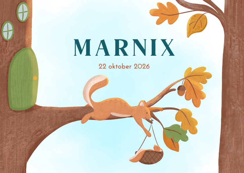 Geboortekaartjes - Lief geboortekaartje eekhoorn met baby in herfst