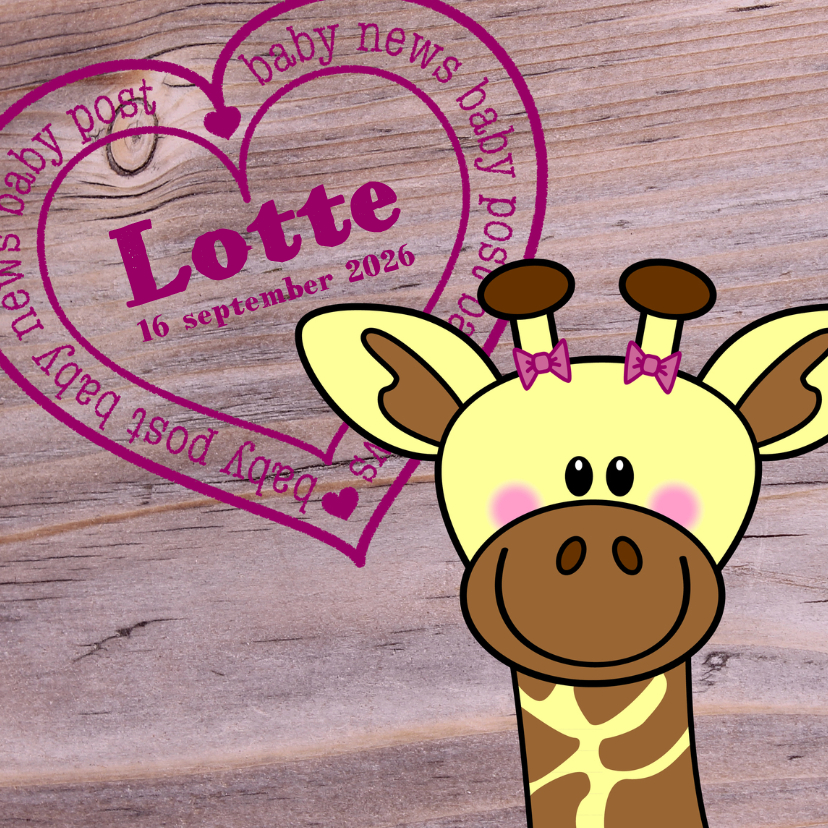 Lief geboortekaartje Giraffe MEISJE - Geboortekaartjes Geboortekaartjes - Lief geboortekaartje Giraffe MEISJE