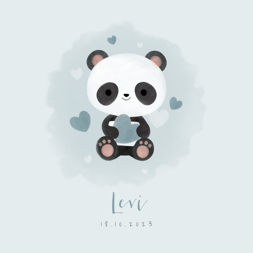 Lief geboortekaartje jongen met panda, hartjes en waterverf - Geboortekaartjes Geboortekaartjes - Lief geboortekaartje jongen met panda, hartjes en waterverf