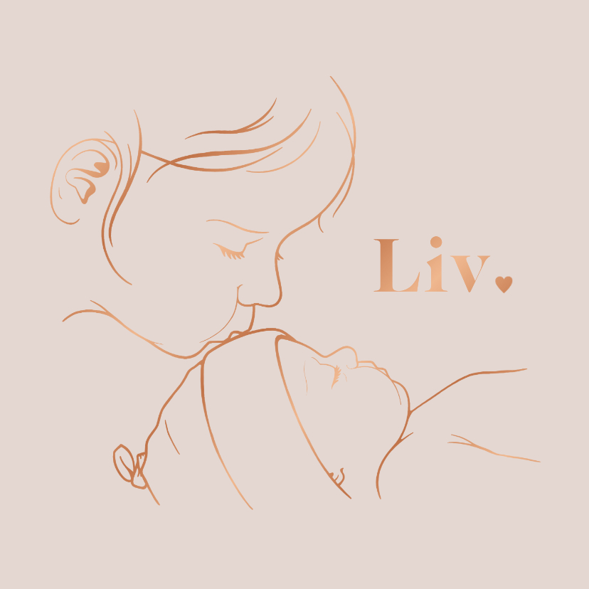 Geboortekaartjes - Lief geboortekaartje koperfolie – zus kust baby lijntekening