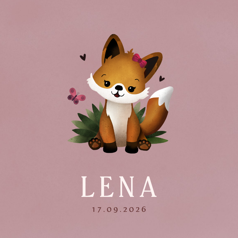 Lief geboortekaartje meisje met vos illustratie en vlinder - Geboortekaartjes Geboortekaartjes - Lief geboortekaartje meisje met vos illustratie en vlinder