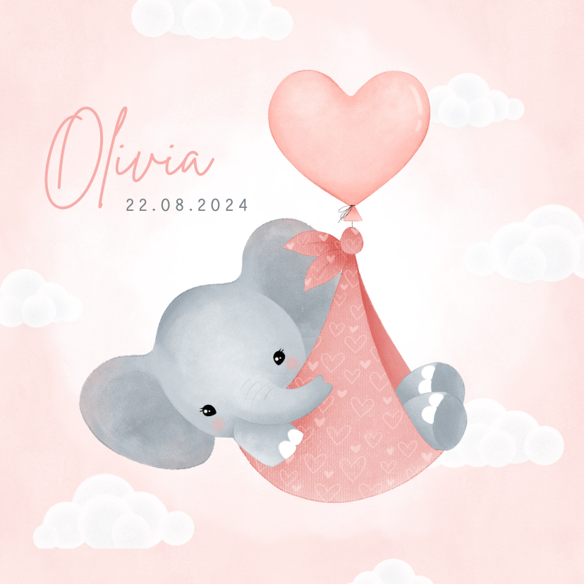 Lief geboortekaartje meisje olifantje in draagzak en ballon - Geboortekaartjes Geboortekaartjes - Lief geboortekaartje meisje olifantje in draagzak en ballon