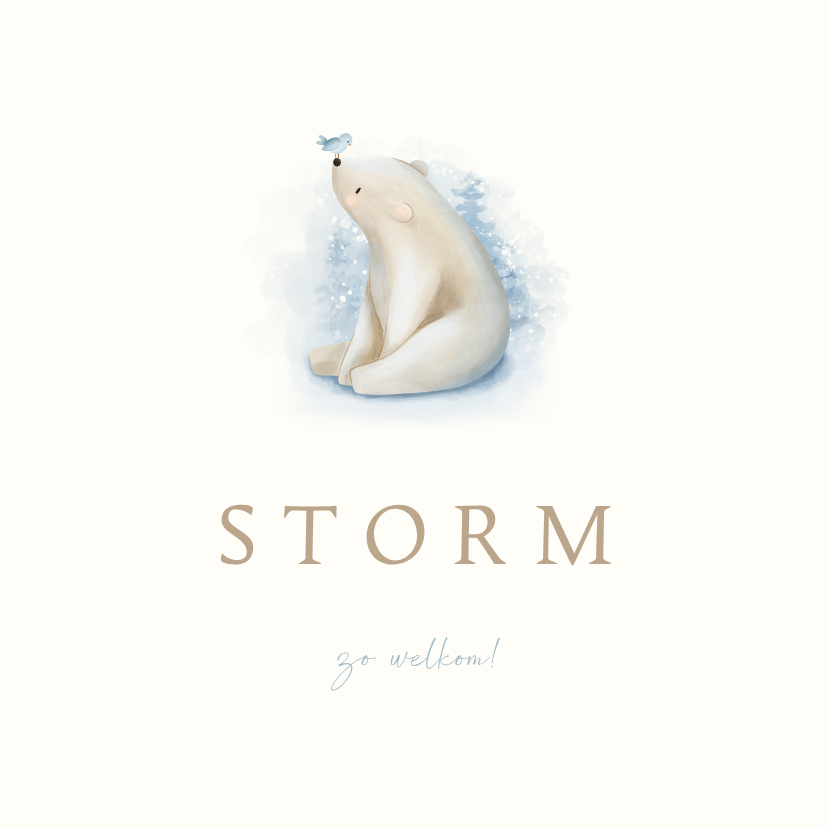 Geboortekaartjes - Lief geboortekaartje met een ijsbeer en blauw vogeltje