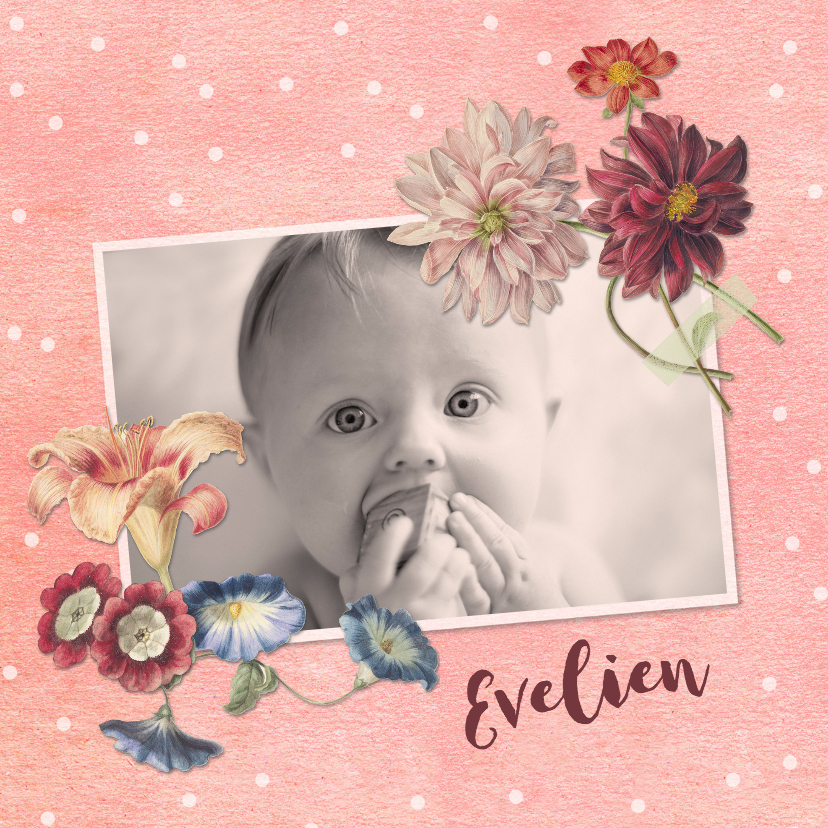 Lief geboortekaartje met foto en vintage bloemen - Geboortekaartjes Geboortekaartjes - Lief geboortekaartje met foto en vintage bloemen
