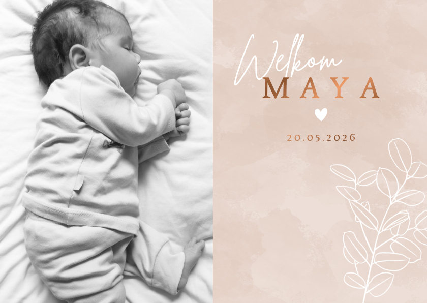 Lief geboortekaartje met foto eucalyptus waterverf en hartje - Geboortekaartjes Geboortekaartjes - Lief geboortekaartje met foto eucalyptus waterverf en hartje