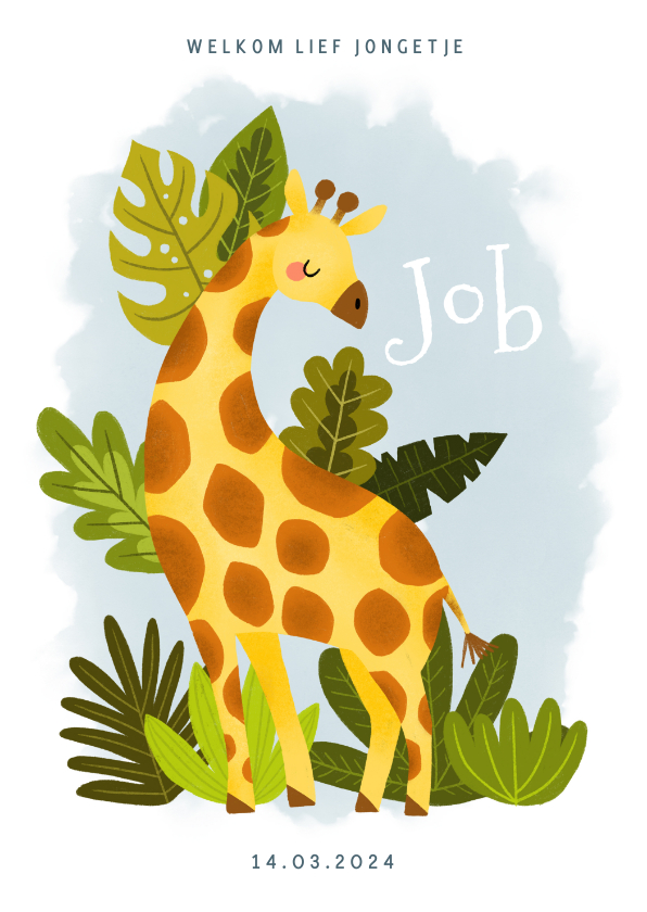 Lief geboortekaartje met giraffe, plantjes en waterverf - Geboortekaartjes Geboortekaartjes - Lief geboortekaartje met giraffe, plantjes en waterverf