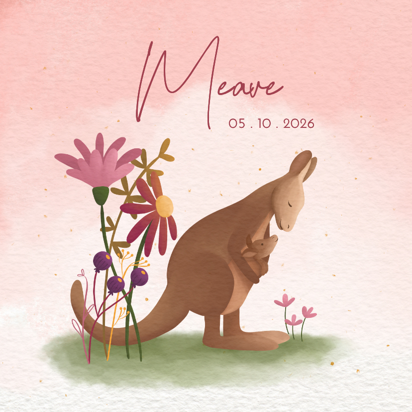 Geboortekaartjes - Lief geboortekaartje met kangoeroe en bloemen