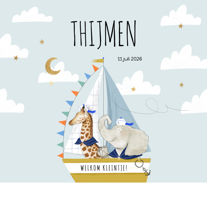 Lief geboortekaartje met olifantje en giraf in zeilboot - Geboortekaartjes Geboortekaartjes - Lief geboortekaartje met olifantje en giraf in zeilboot