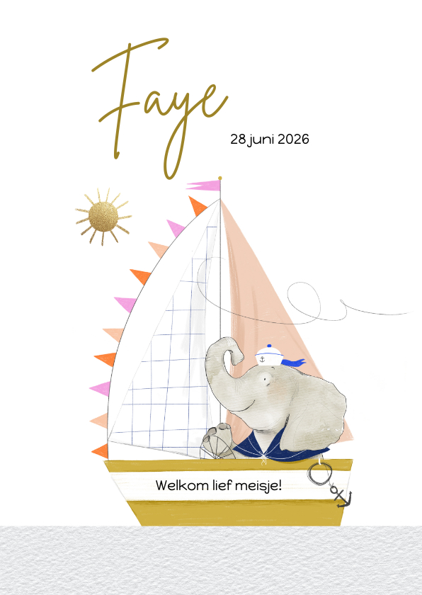 Geboortekaartjes - Lief geboortekaartje met olifantje en zeilboot