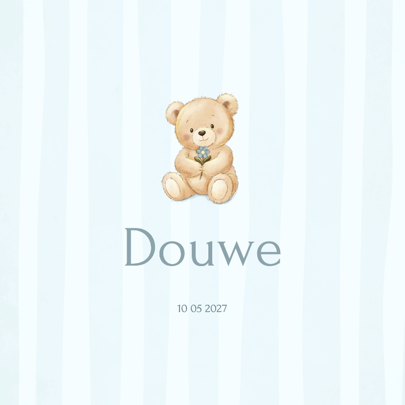 Geboortekaartjes - Lief geboortekaartje met teddybeer en blauwe strepen