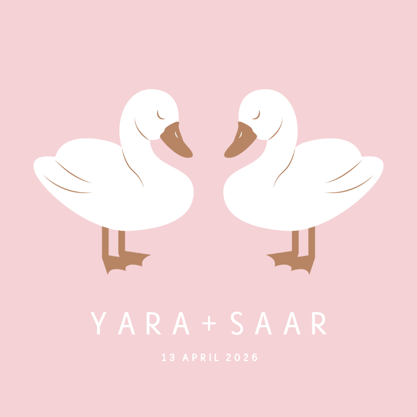 Geboortekaartjes - Lief geboortekaartje met twee zwaantjes roze